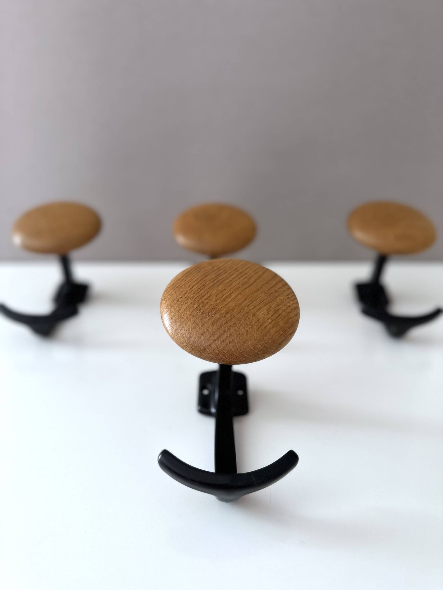 Vintage Set of 4 Wooden & Metal Coat Hooks | Wall-Mounted Hooks