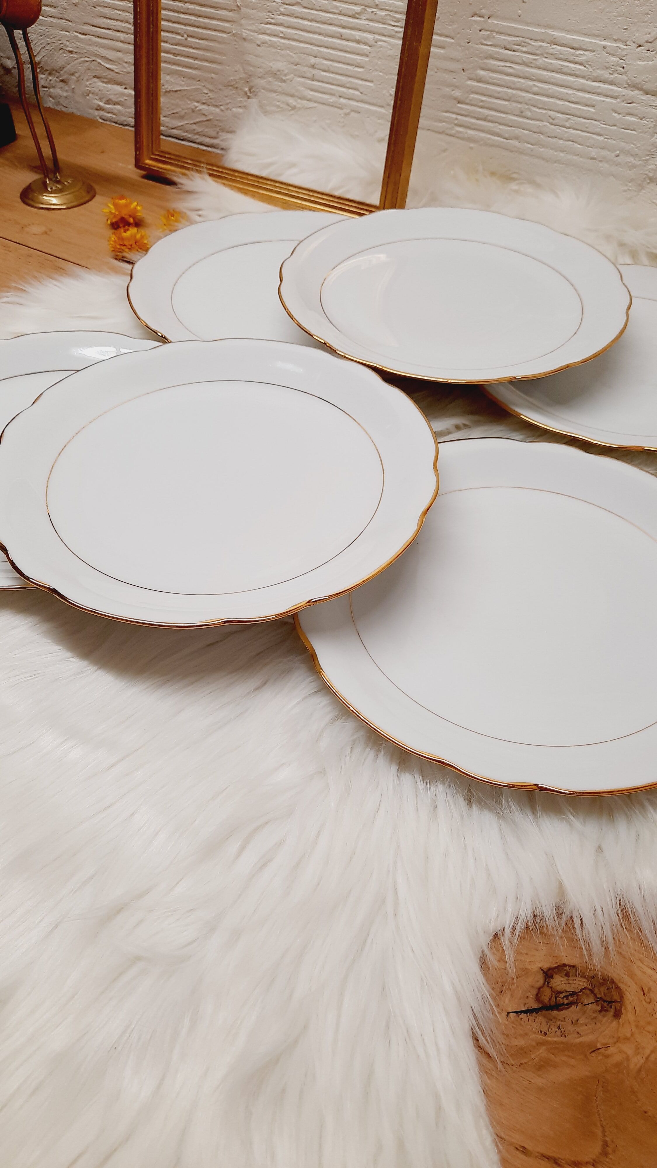 Set 6 flat plates white porcelain and gold
