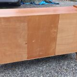 Enfilade vintage en chêne doré portes coulissantes pieds compas 1950