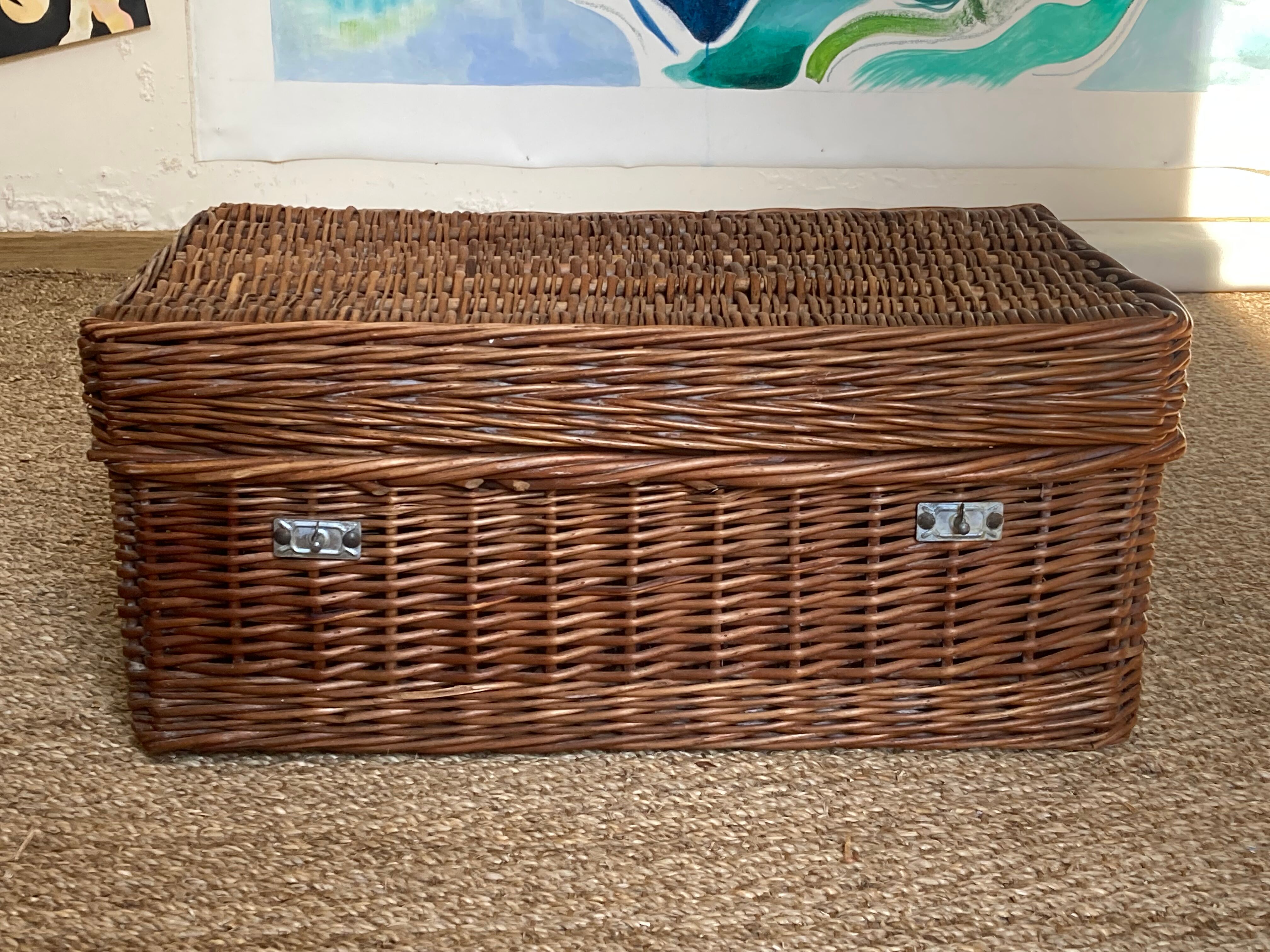Malle en osier ancienne tressée vintage