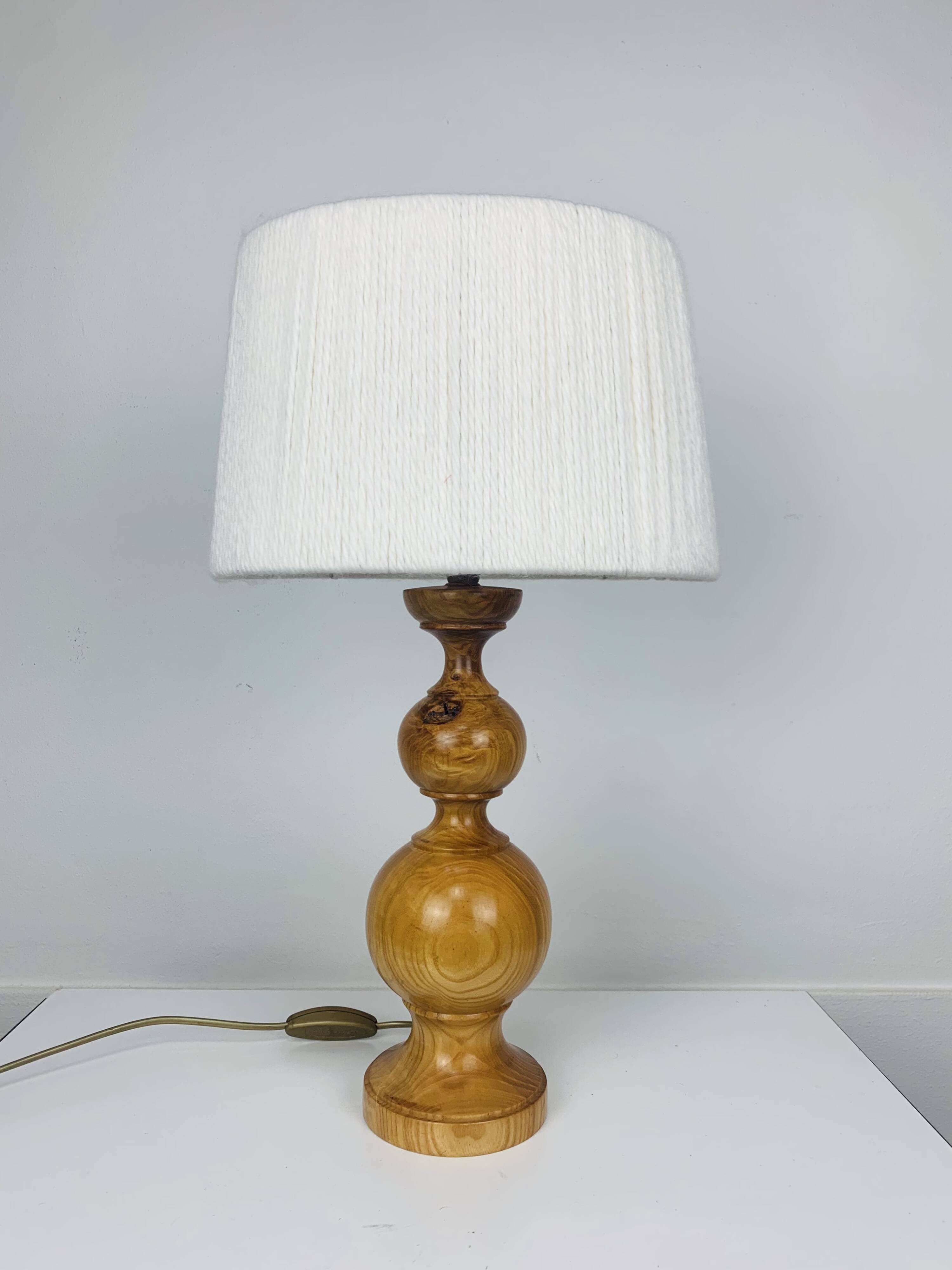 Turned wood lamp and vintage wool lampshade