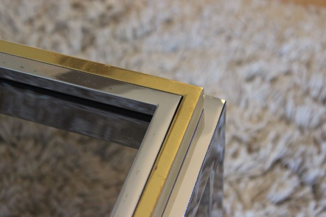 Table basse vintage en verre, laiton et chrome années 70