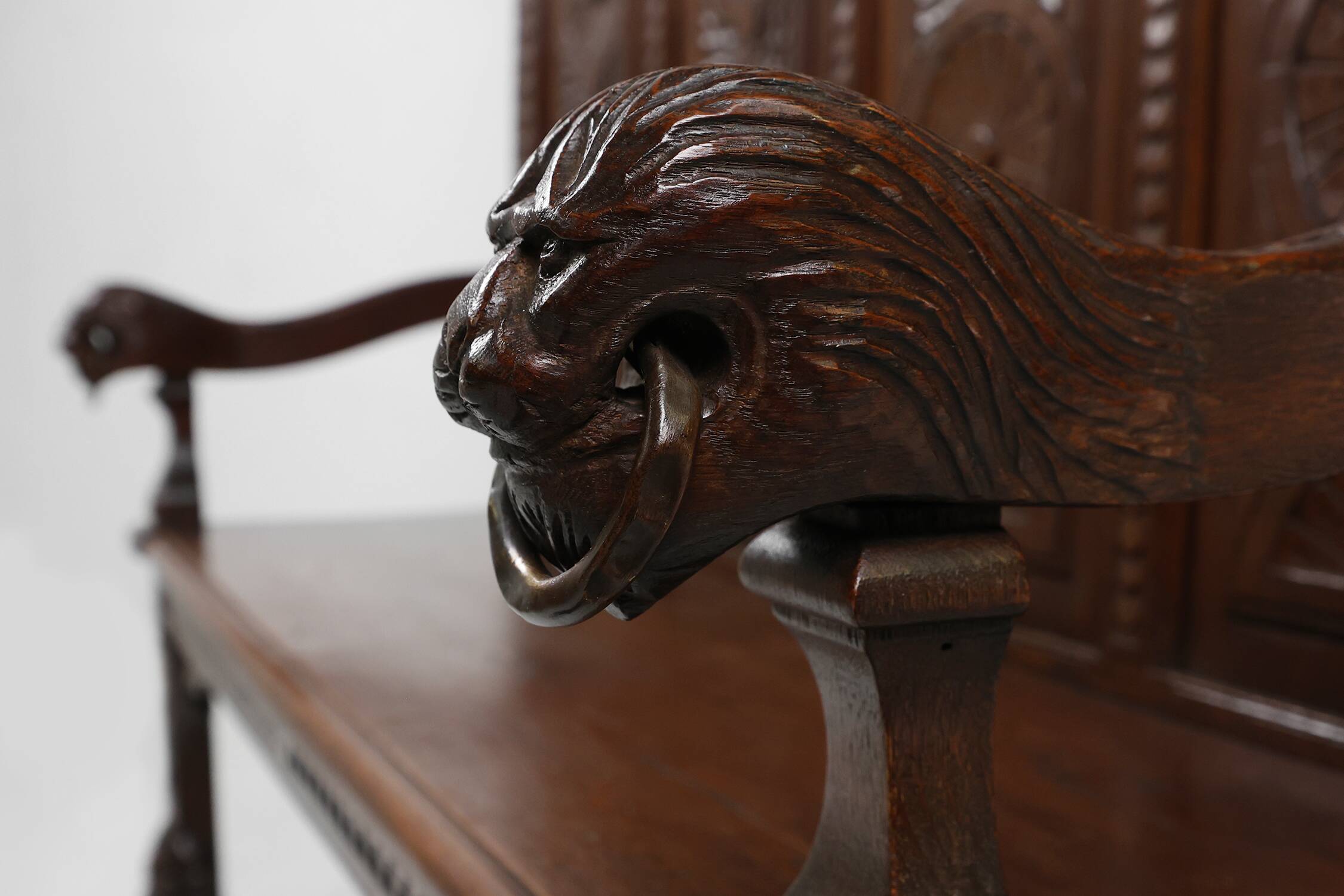 Antique French 18th Century Gothic Style Oak Carved High Back Panel Settle