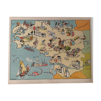 Affiche ancienne carte illustrée de la Bretagne 1929 - JP Pinchon