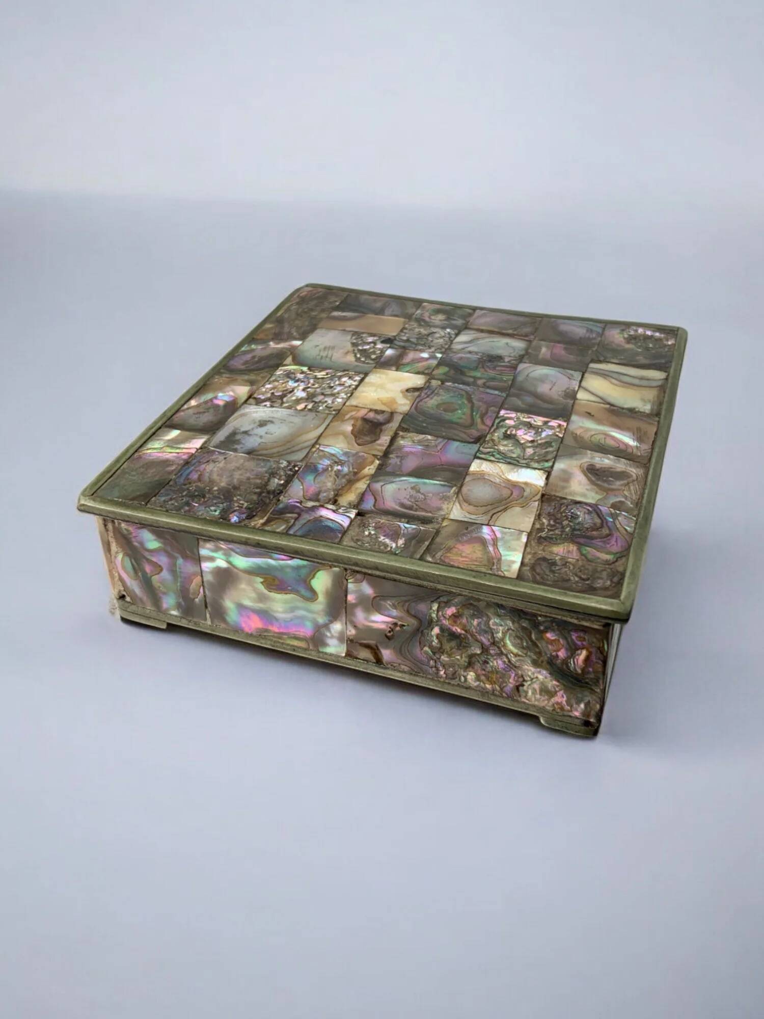 Abalone shell vanity box, alpaca & wood, Mexico, circa 1980