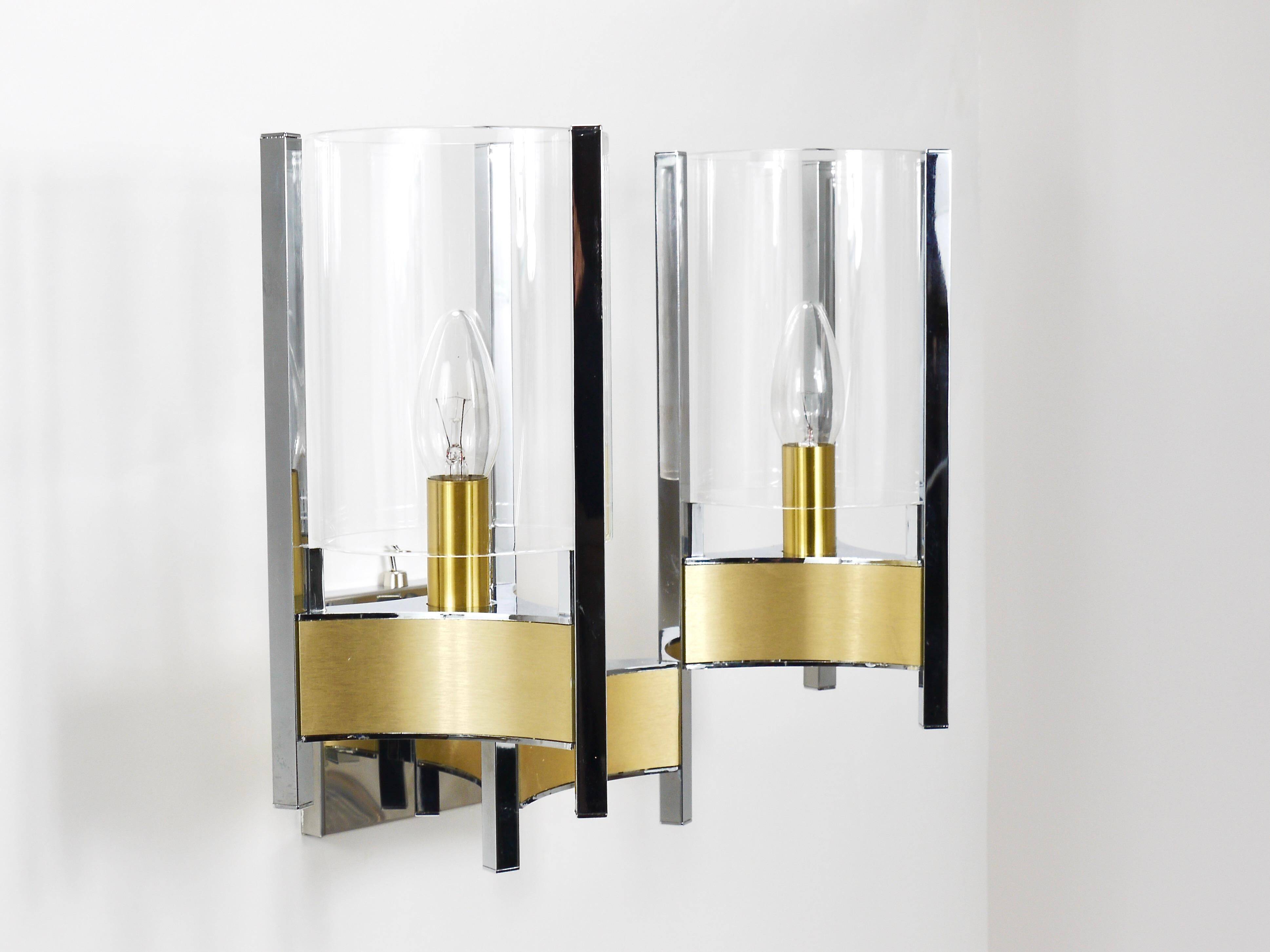 Gaetano Sciolari Large Wall Sconces / Sconces, Chrome, Brass, Glass, 1970s
