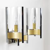Gaetano Sciolari Large Wall Sconces / Sconces, Chrome, Brass, Glass, 1970s