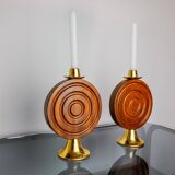 Pair of brutalist candlesticks by Ardisur, bronze and wood, Spain, 1970
