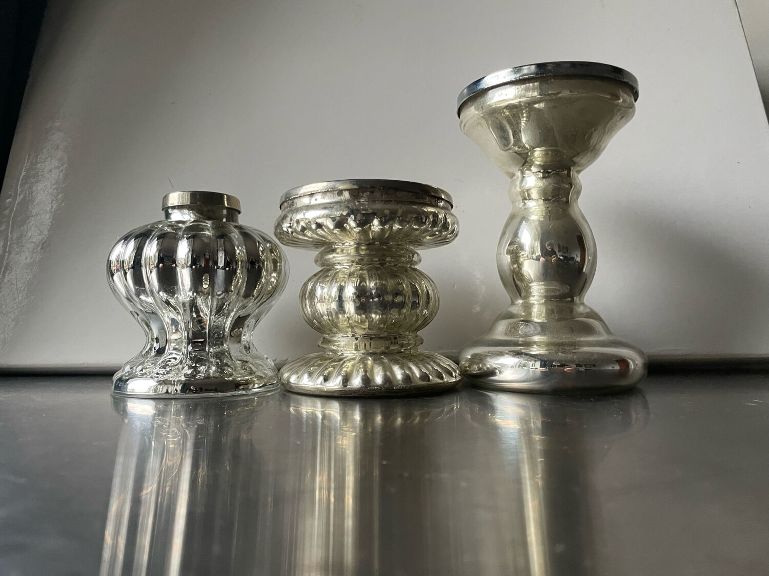 Set of 3 vintage mercury glass candleholders