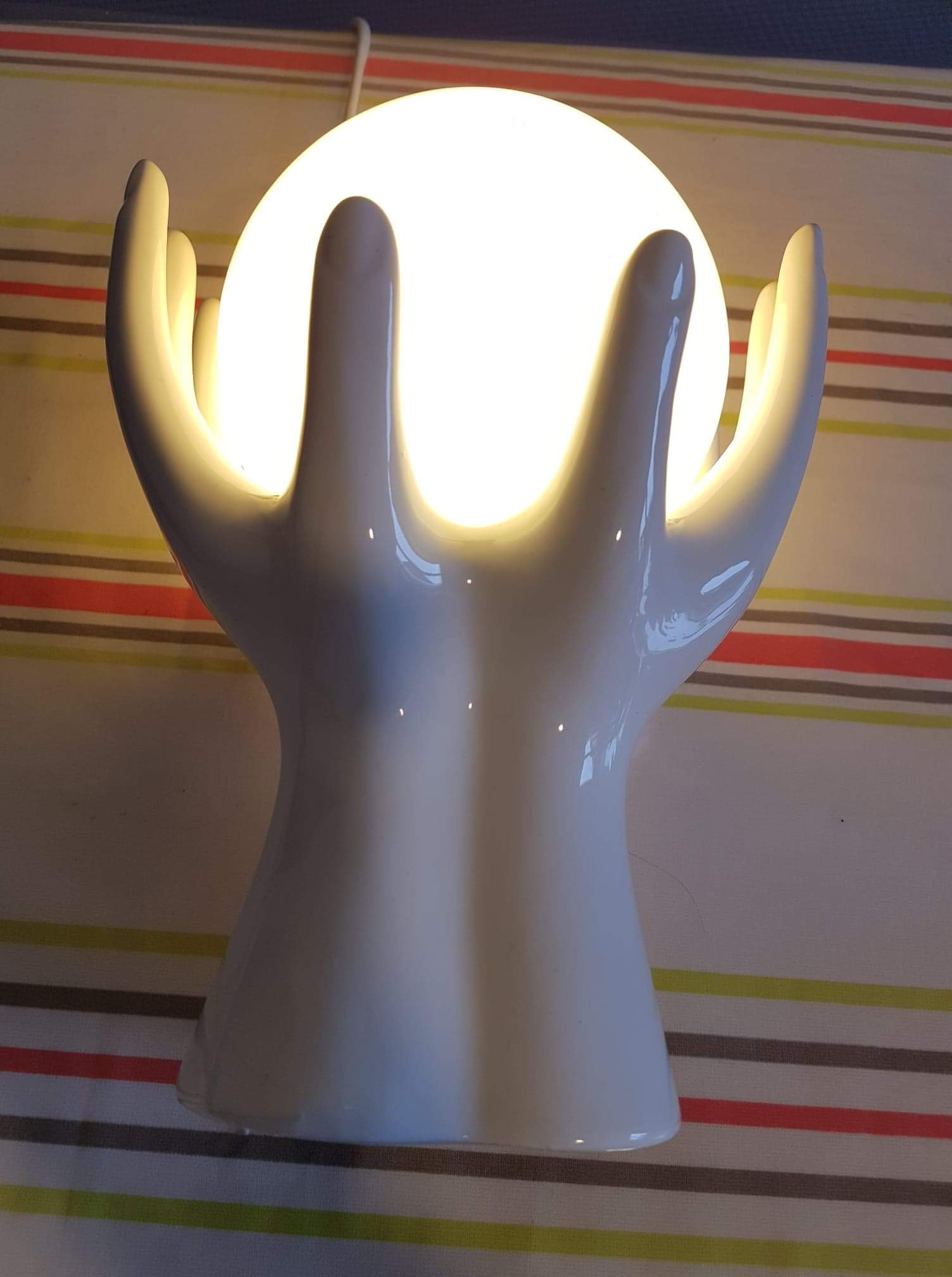 Vintage hand lamp ceramic white with opaline globe