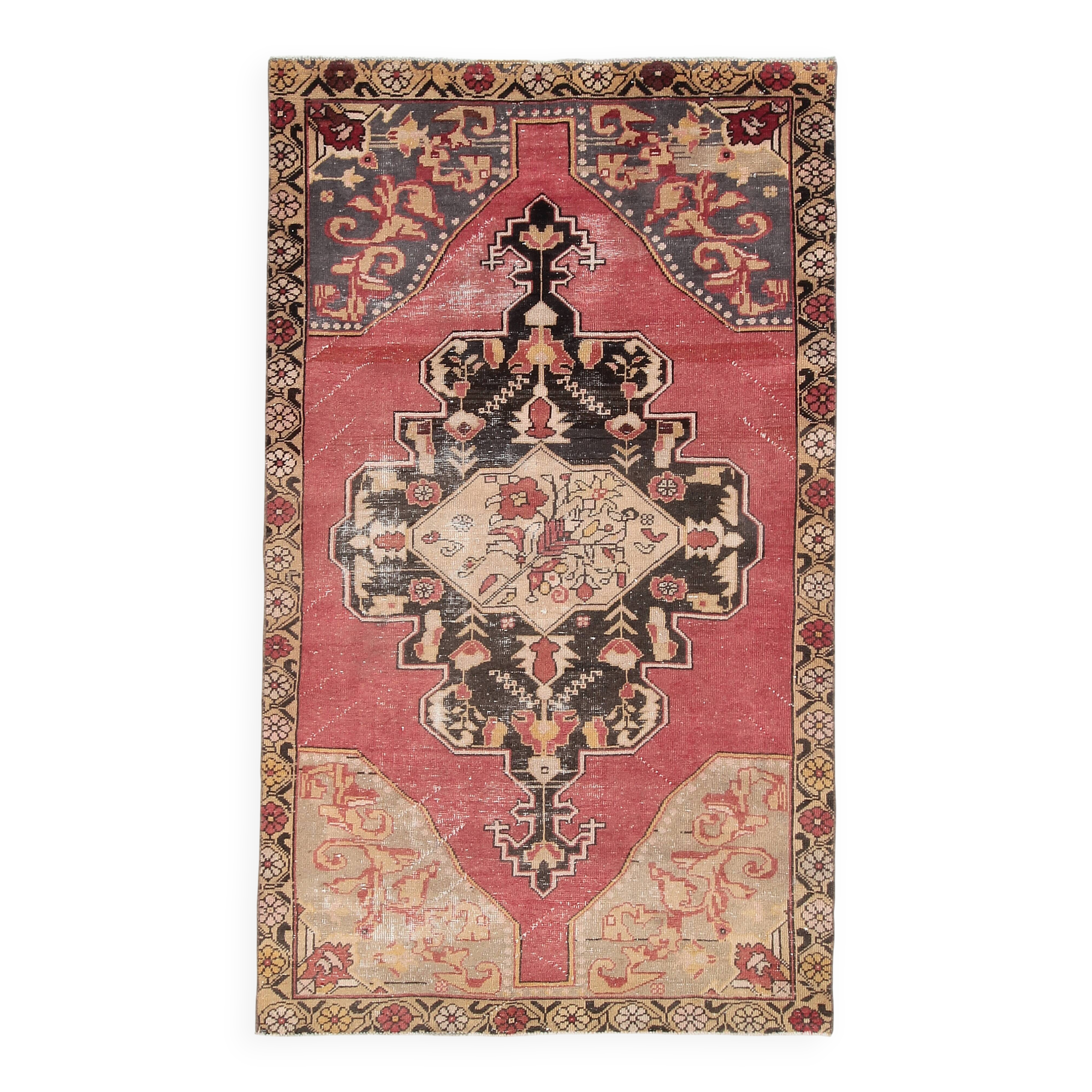 Tapis oriental vintage anatolien rouge bordeaux et noir, laine fait main