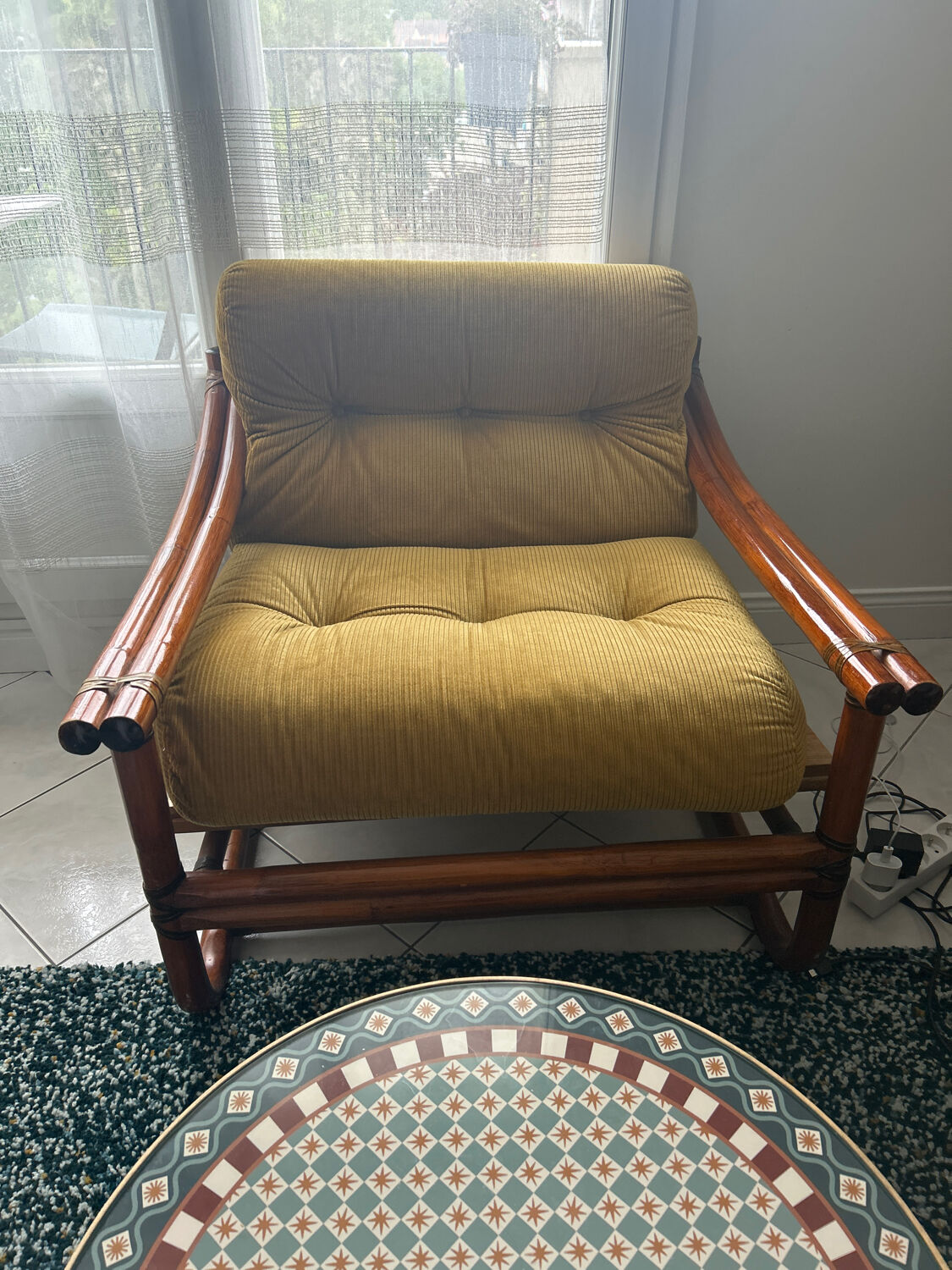 Magnificent velvet fabric rattan armchair - vintage