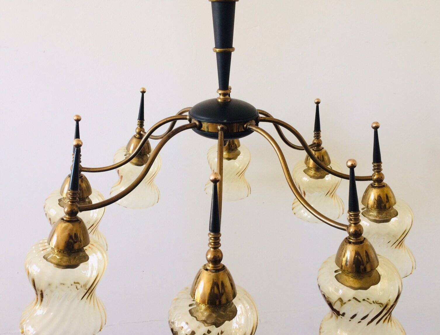 Atomic Age Design Brass and Glass Chandelier, 1950s