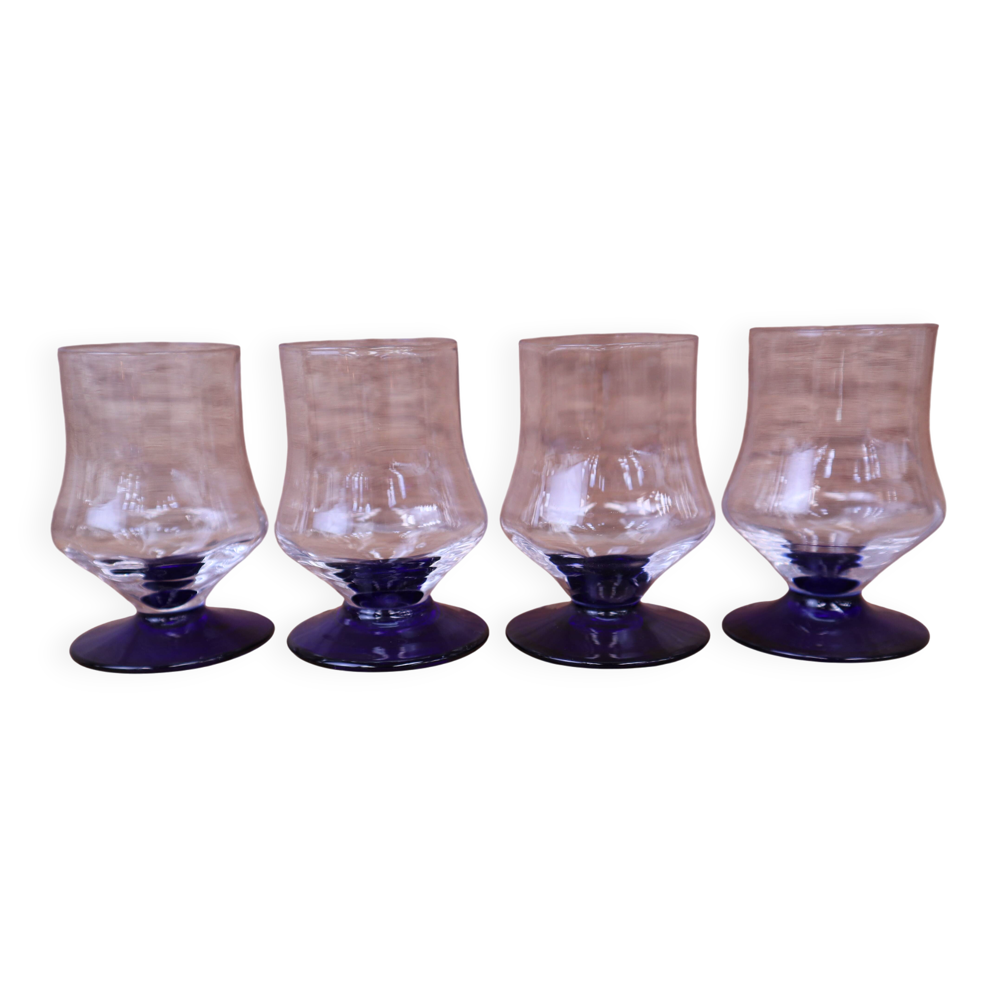 4 vintage aperitif glasses with blue stems, France 1940.