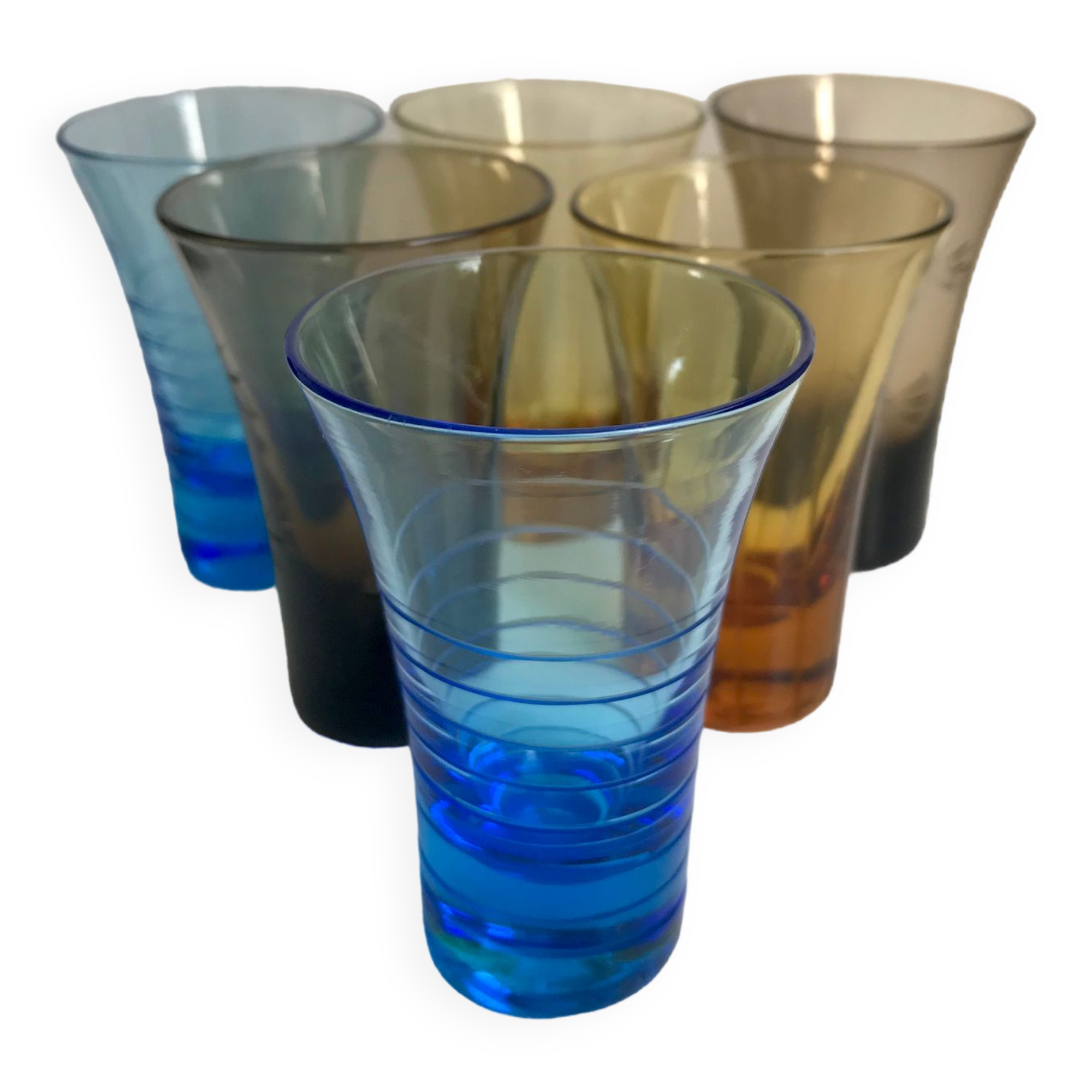 Set of 6 colored and engraved design shot glasses 60s-70s