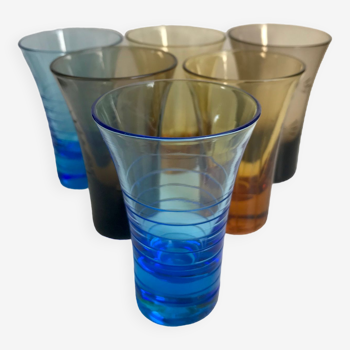 lot de 6 verres à liqueur design colorés et gravés années 60-70