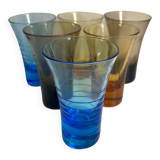 Set of 6 colored and engraved design shot glasses 60s-70s