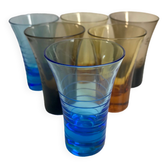 Set of 6 colored and engraved design shot glasses 60s-70s