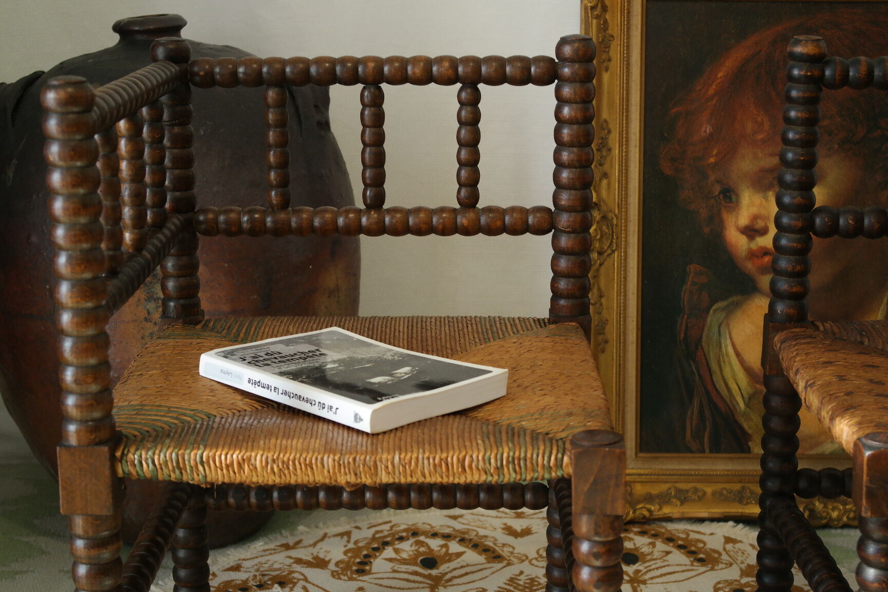 Pair of chairs corner fireplace turned beaded wood