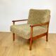 Wooden vintage brown armchair, olive green, long pile on removable cushions