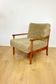 Wooden vintage brown armchair, olive green, long pile on removable cushions