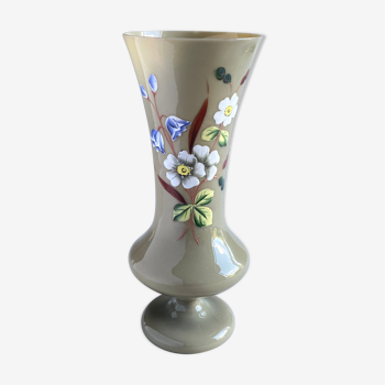 Beige opaline vase with hand-painted flower addition