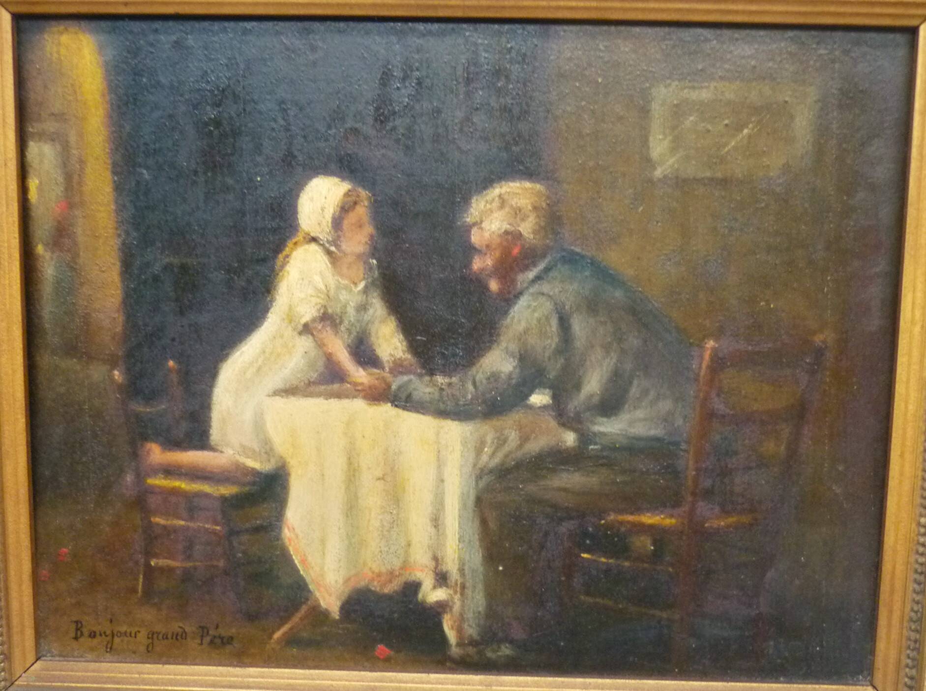 Tableau, huile sur panneau "Bonjour Grand Père", début XXème, cadre doré