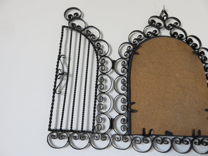 Opening mirror, shuttered, in black wrought iron, Vallauris 50s 60s