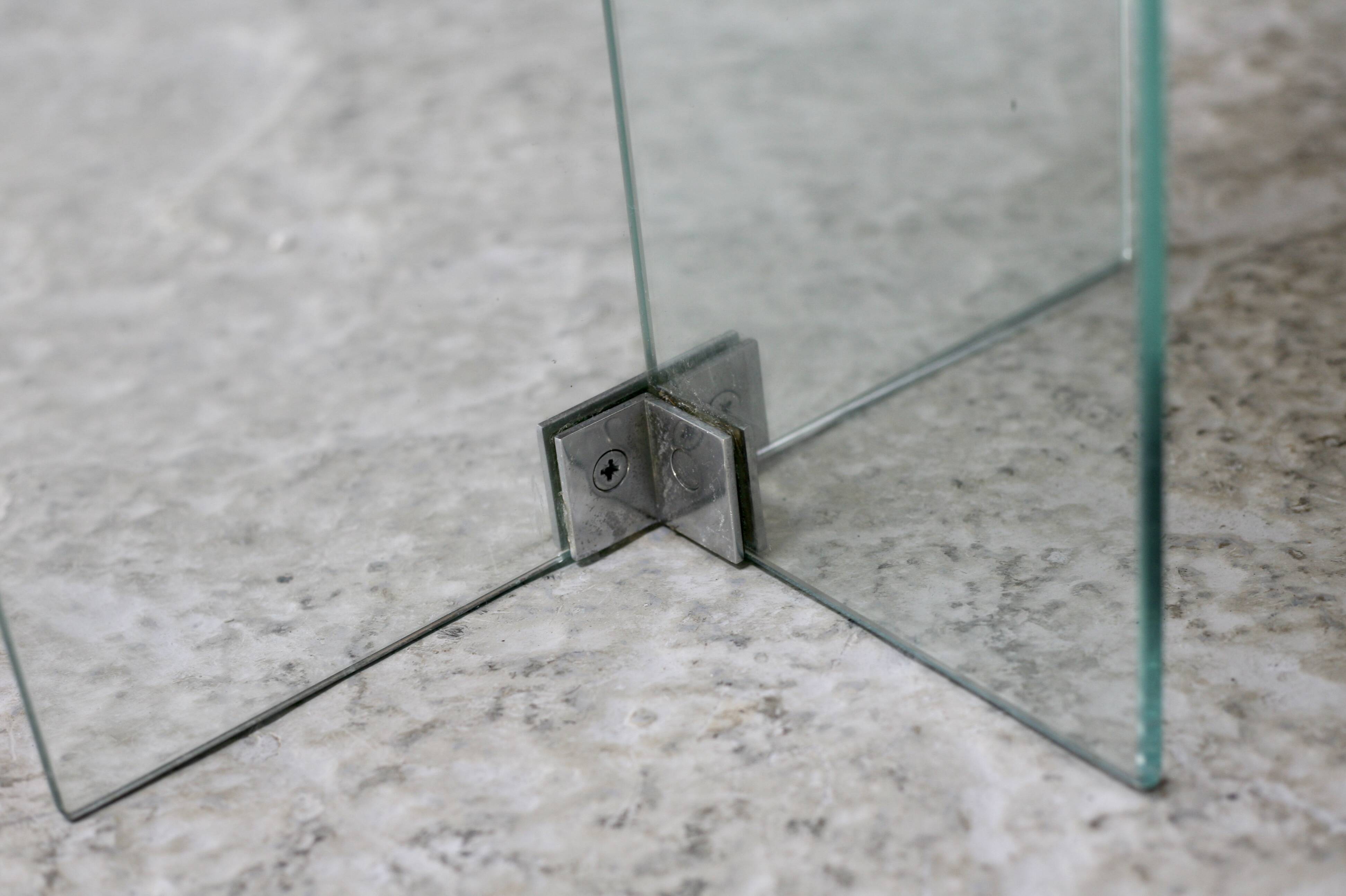 Modernist console, 60s, glass base, wooden and melamine top, white