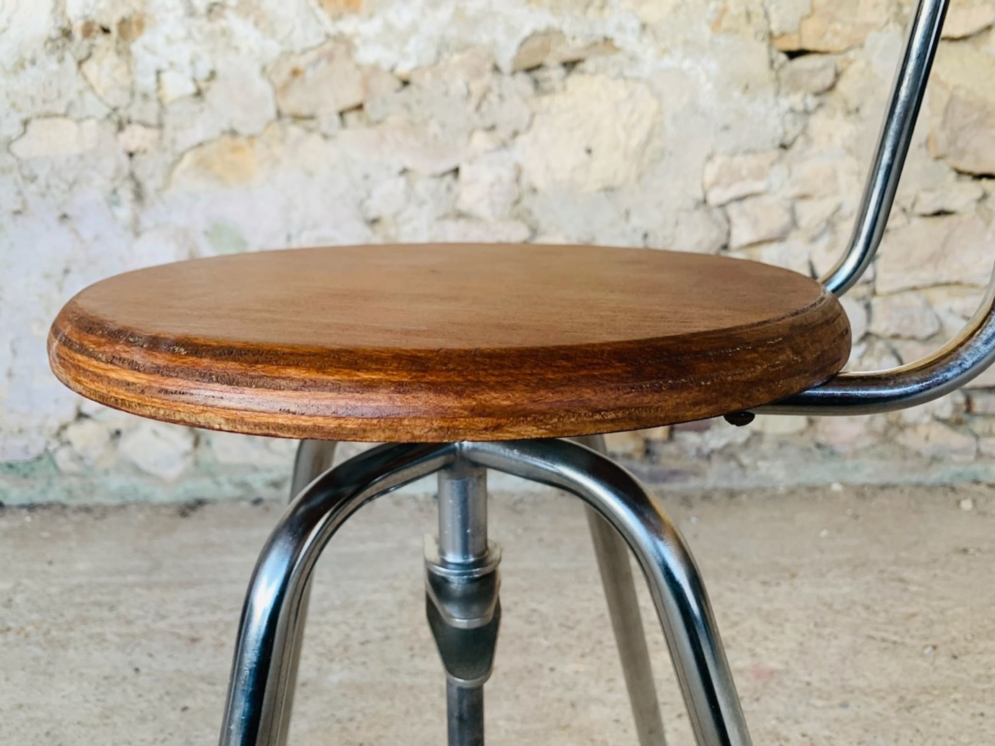 Vintage industrial metal and wood stool with adjustable swivel seat, 1960's