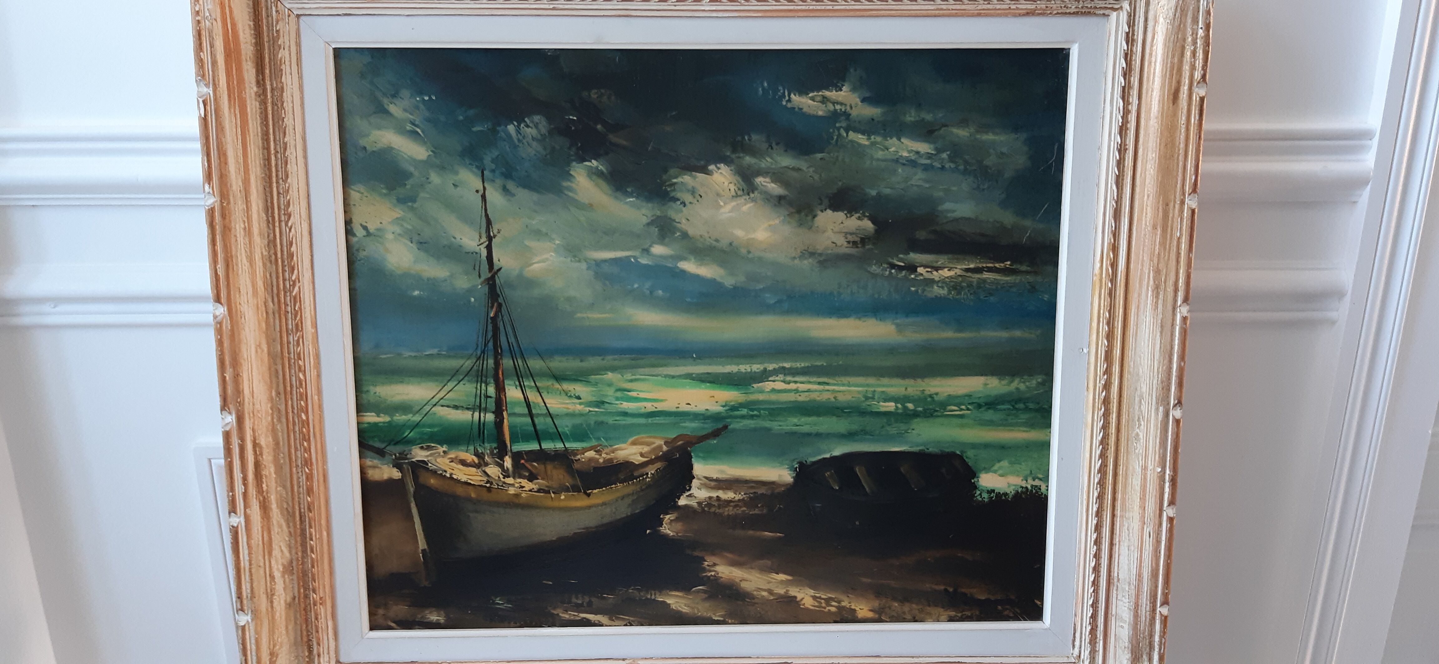 Tableau huile sur toile voilier signé vintage