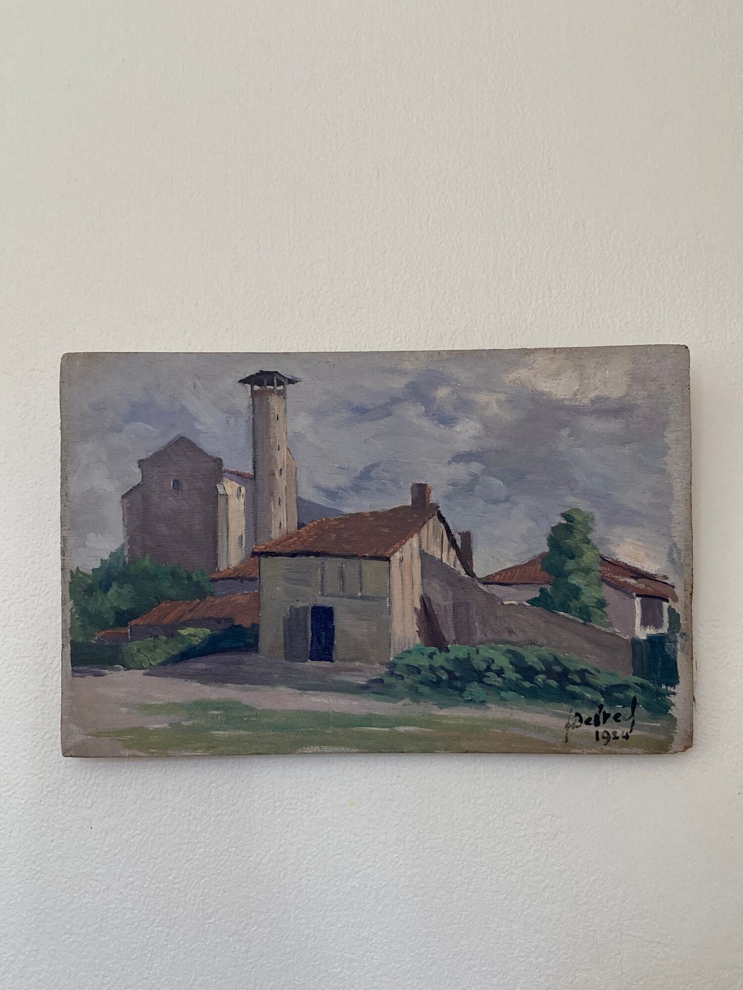 Oil on vintage wood panel / painting representing a village in the Landes