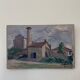Oil on vintage wood panel / painting representing a village in the Landes
