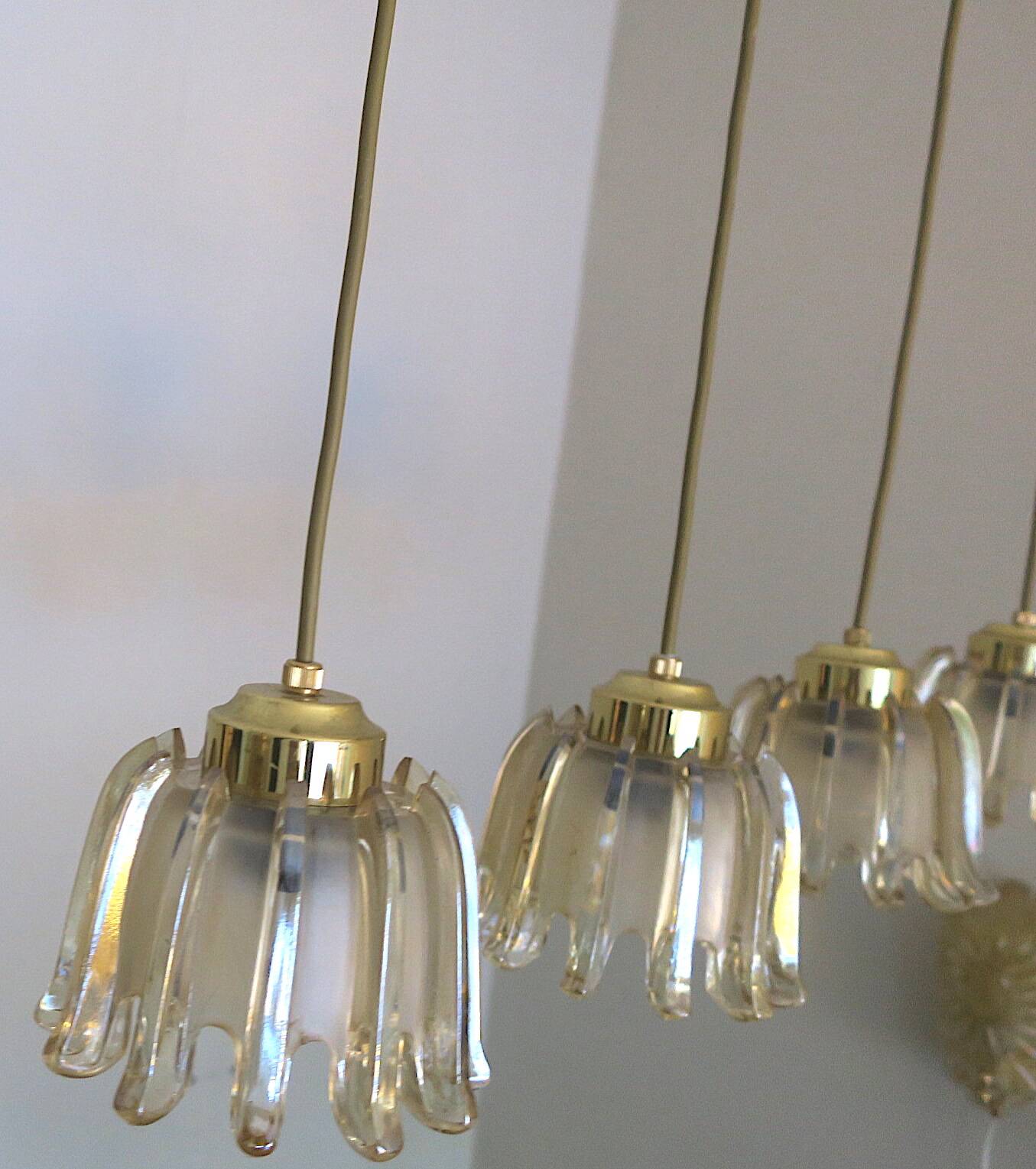 Set of 5 Doria  pendant lights in brass and amber-coloured glass, 1960s
