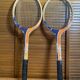 Pair of vintage wooden tennis rackets for cadet junior sport courier