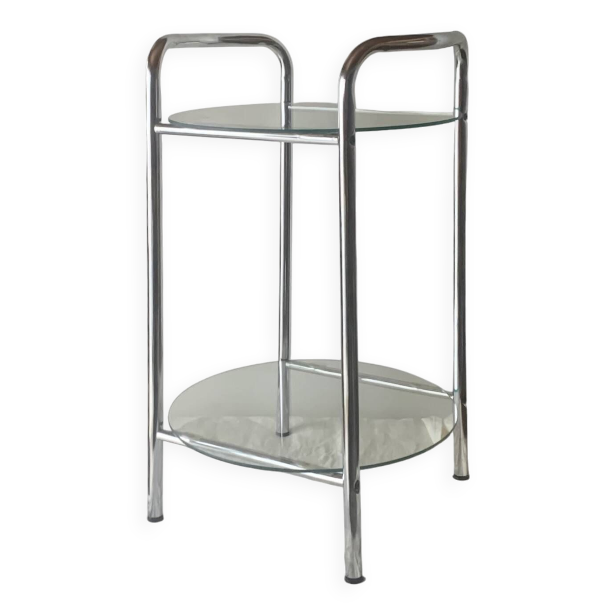 Pedestal table, vintage chrome steel saddle with 2 round windows