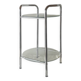 Pedestal table, vintage chrome steel saddle with 2 round windows