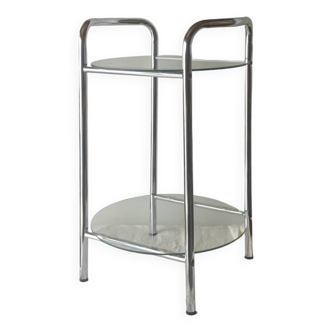 Pedestal table, vintage chrome steel saddle with 2 round windows