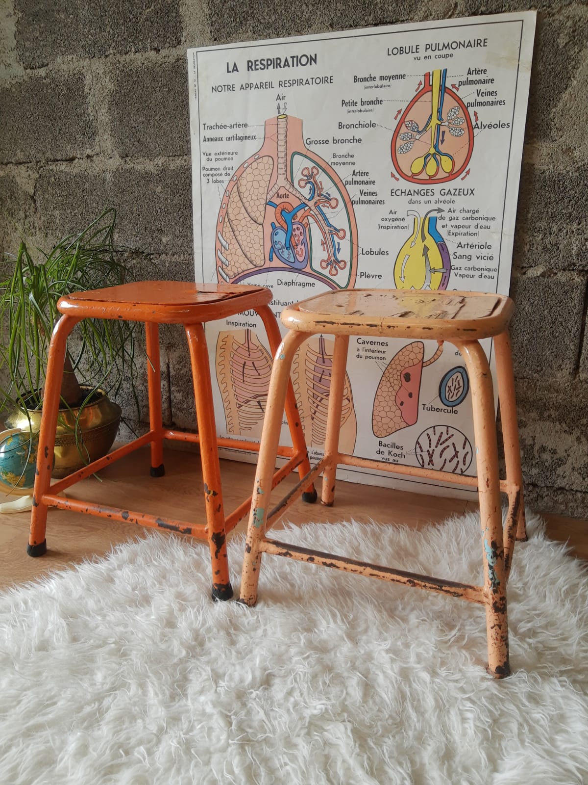 Pair of low metal stools industrial workshop - vintage