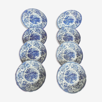 Lot 8 assiettes plates anciennes Ironstone Tableware Underglaze motifs bleus