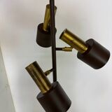 Lampadaire vintage moderniste marron et laiton à 3 spots, années 1960