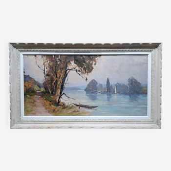 Tableau huile sur toile école française 1935 - marine, paysage d'été en bretagne - signé léon launay