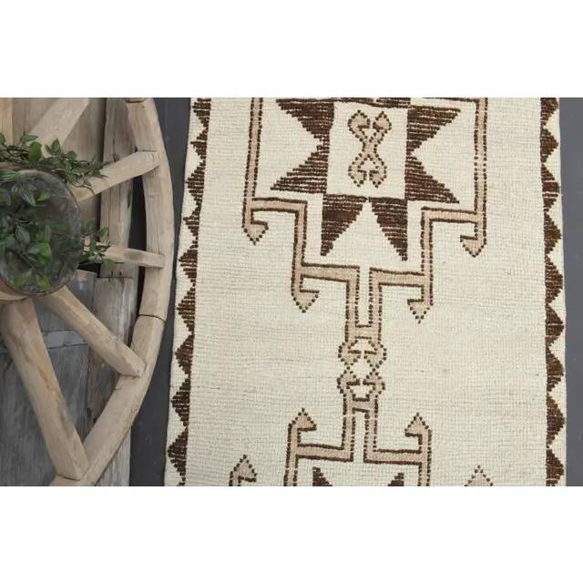1970s Turkish Hand-Knotted Wool Cotton Beige Runner Rug 112x340