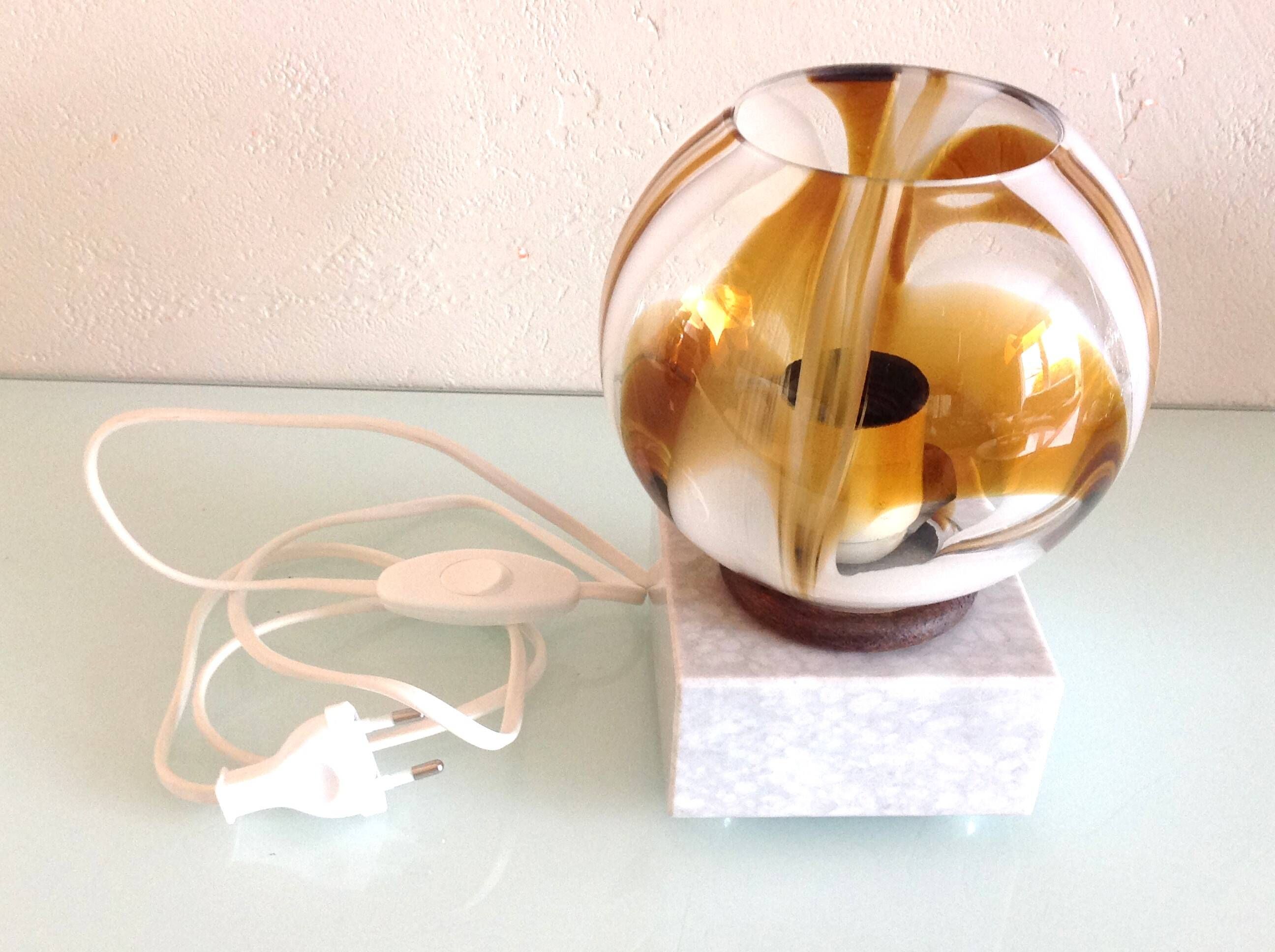 Polychrome glass globe lamp on marble base / vintage 60s-70s
