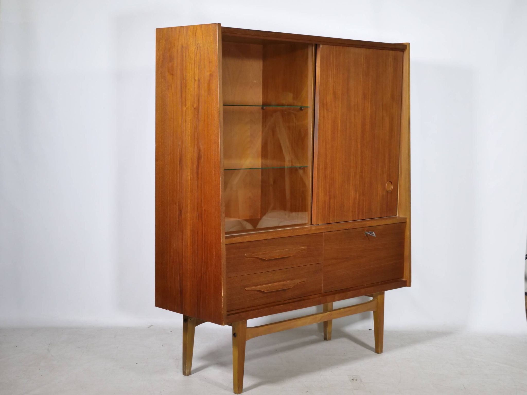 Mid Century Teak Highboard with Glass Display Cabinet & Sliding Door, 1960s