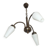 French Vintage Retro Bronze Effect Metal 3 Light Chandelier Glass Shade