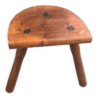 Wooden milking stool, half-moon seat, handcrafted and antique, vintage tripod base