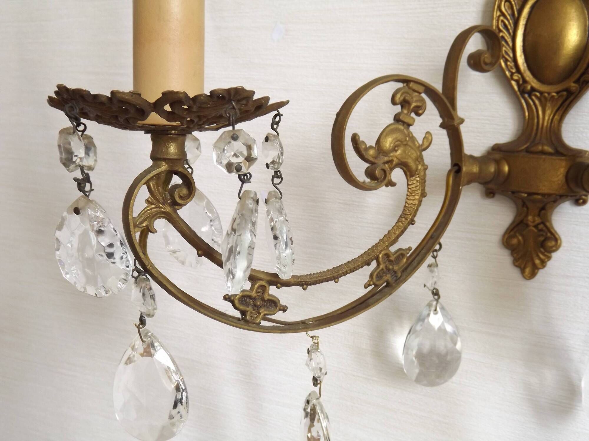 French Vintage Double Bronze & Crystal Wall Light - Stylized Dolphin Detail