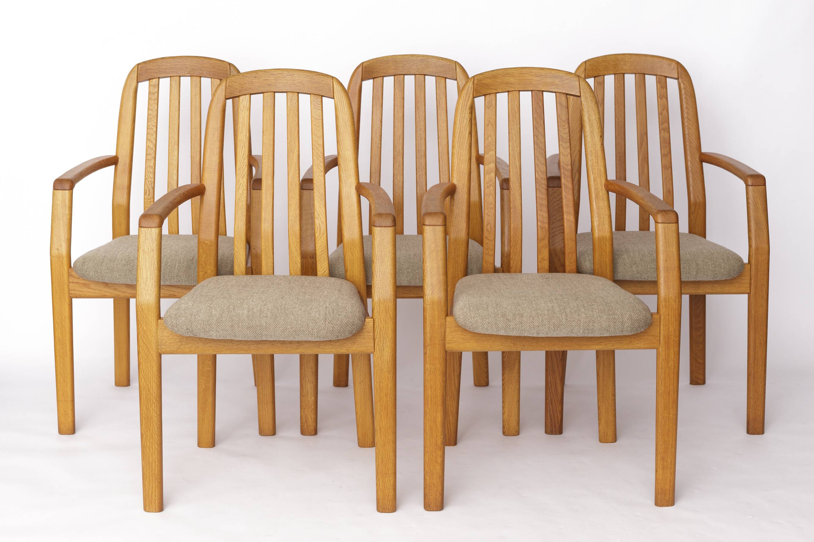 Set of 5 Dyrlund Oak Armchairs, Danish Mid Century Dining Chairs 1970s