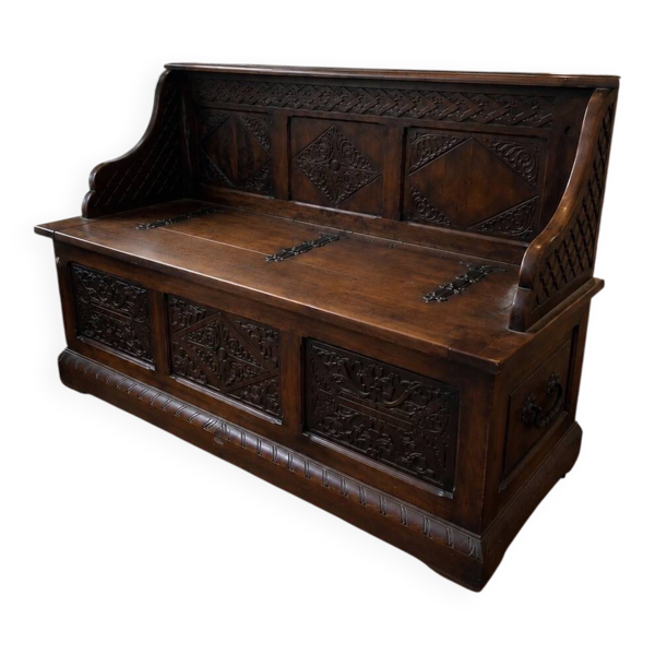 Banc-malle d’époque en chêne massif sculpté – Fin XIXᵉ siècle